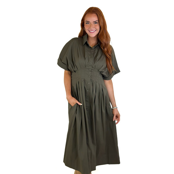  Olive Pleated Bodice Maxi Dress