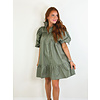 OLIVE PUFF SLV RUFFLE DRESS