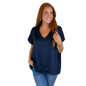  NAVY JOHNNY COLLAR SATIN BLOUSE