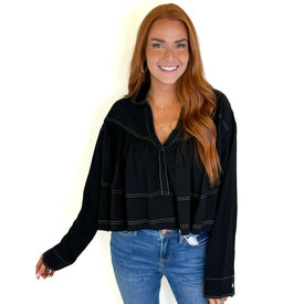 BLACK VNECK COLLAR STITCH BLOUSE