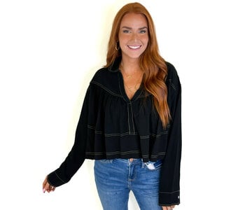 BLACK VNECK COLLAR STITCH BLOUSE