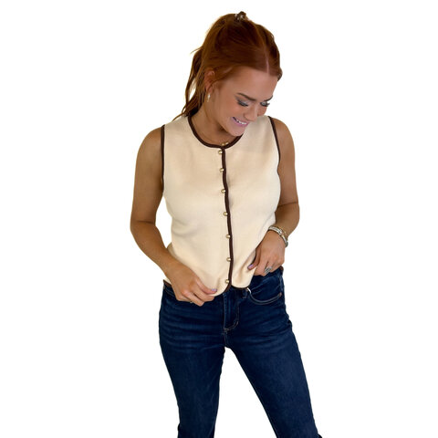 TAN BUTTON VEST W/ PIPPING