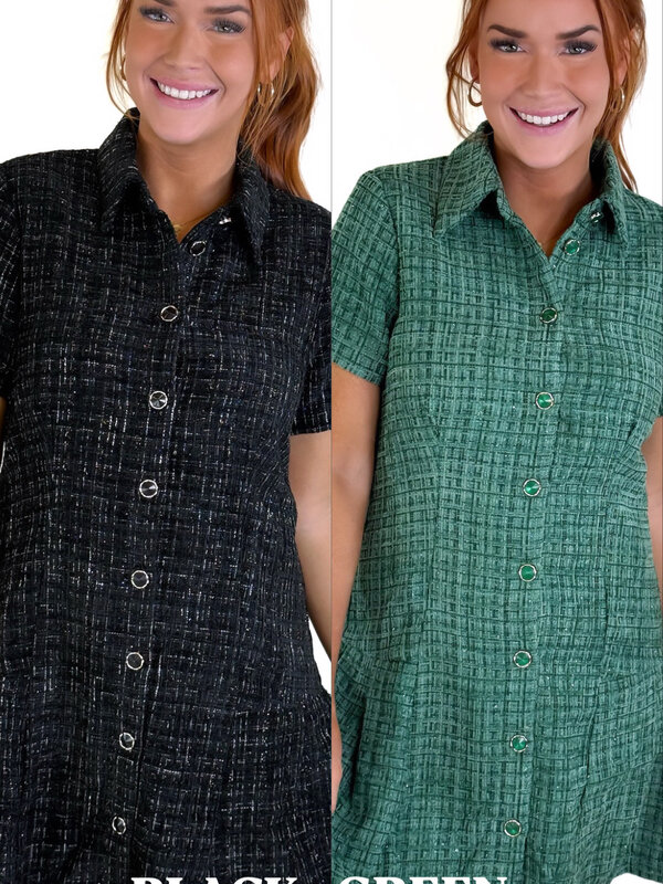 PLEATED HEM TWEED DRESS