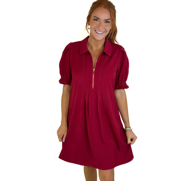  WINE FRONT ZIP DARTS DRESS