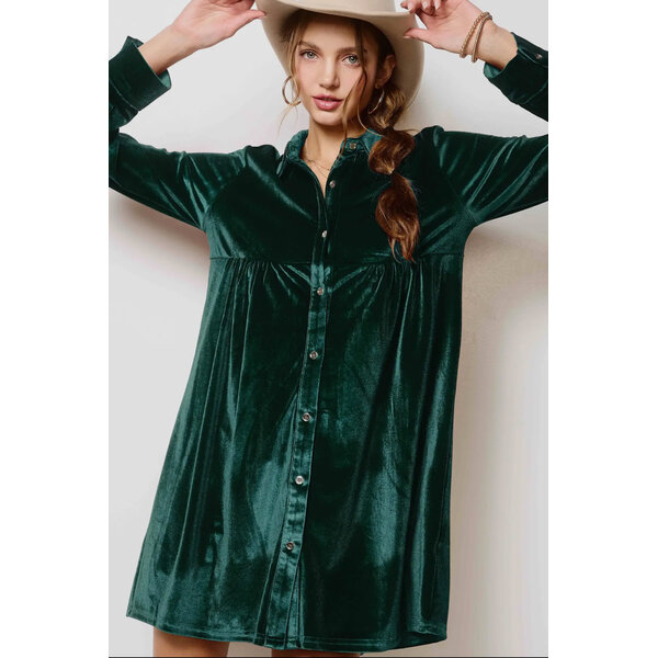 LA MIEL EMERALD VELVET BUTTON DOWN DRESS