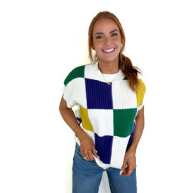 IVE MARDI GRAS CHECK SHORT SLV SWEATER