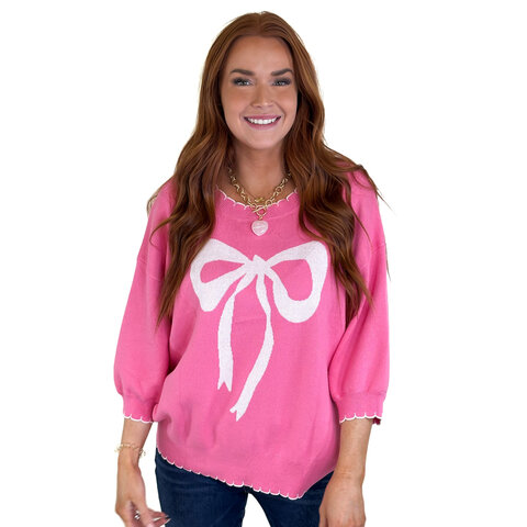 Pink Stich Trim Bow Sweater