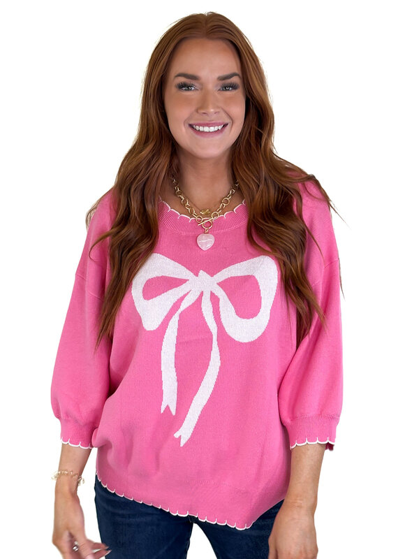 Pink Stich Trim Bow Sweater