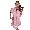 RED STRIPED FLOAL COLLARED PUFF SLV DRESS