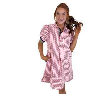 RED STRIPED FLOAL COLLARED PUFF SLV DRESS
