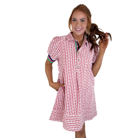 RED STRIPED FLOAL COLLARED PUFF SLV DRESS