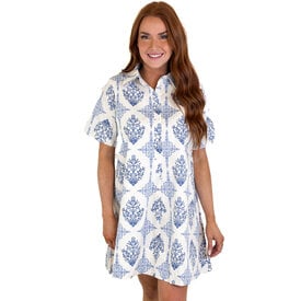  Blue French Vintage Floral Shirt Dress