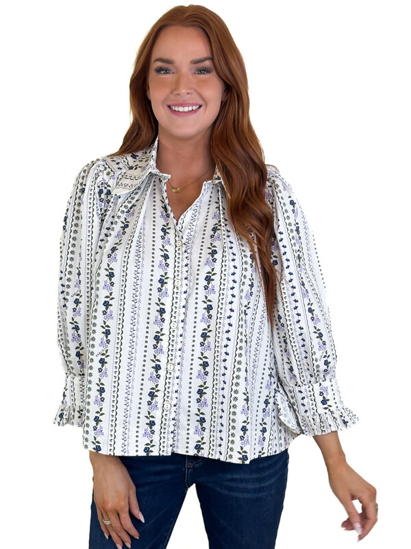 FRENCH FORAL BUTTONUP PUFF SLV TOP