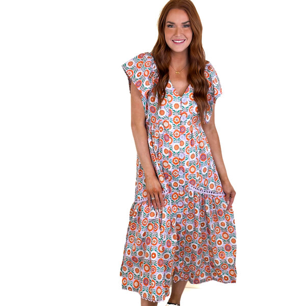 Floral VNeck Novelty Button Maxi