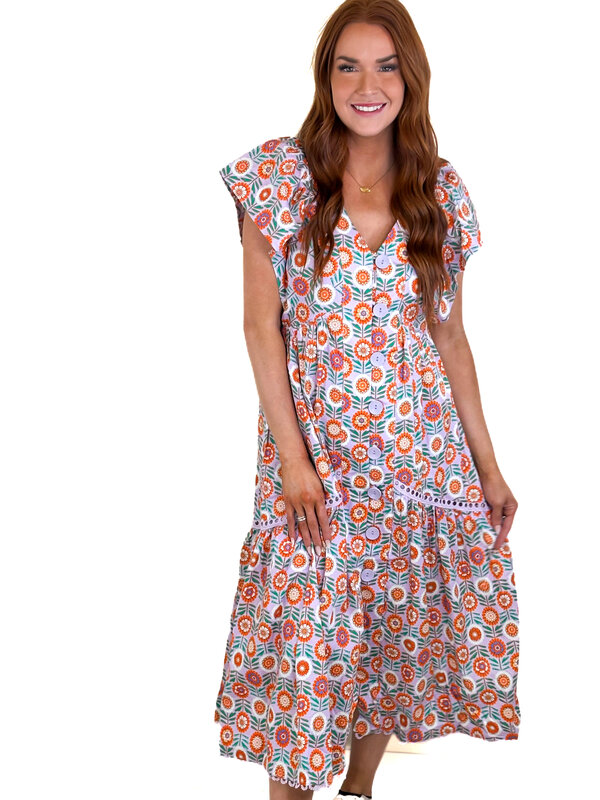 Floral VNeck Novelty Button Maxi