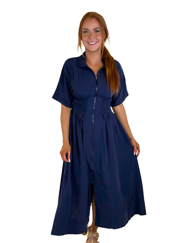 NAVY ZIP MIDI DRESS