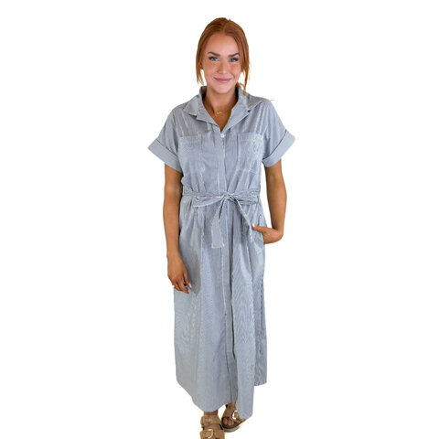 DARK NAVY MIDI STRIPE DRESS W/ TIE