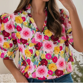  FLORAL VNECK PUFF SLV TOP