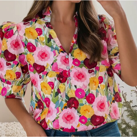FLORAL VNECK PUFF SLV TOP