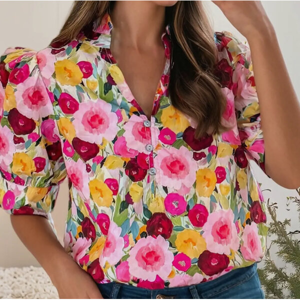  FLORAL VNECK PUFF SLV TOP