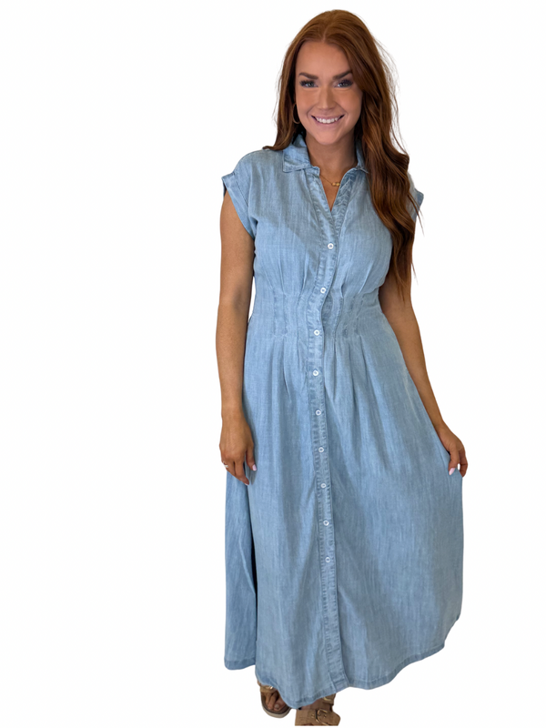 DENIM MIDI CAP SLEEVE DRESS