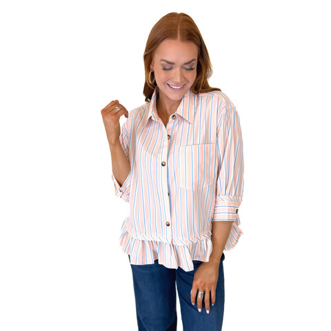 PINK COMBO STRIPE BUTTON DOWN PEPLUM TOP