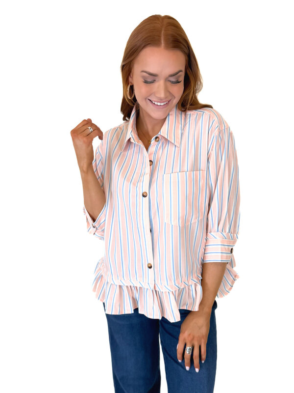 PINK COMBO STRIPE BUTTON DOWN PEPLUM TOP