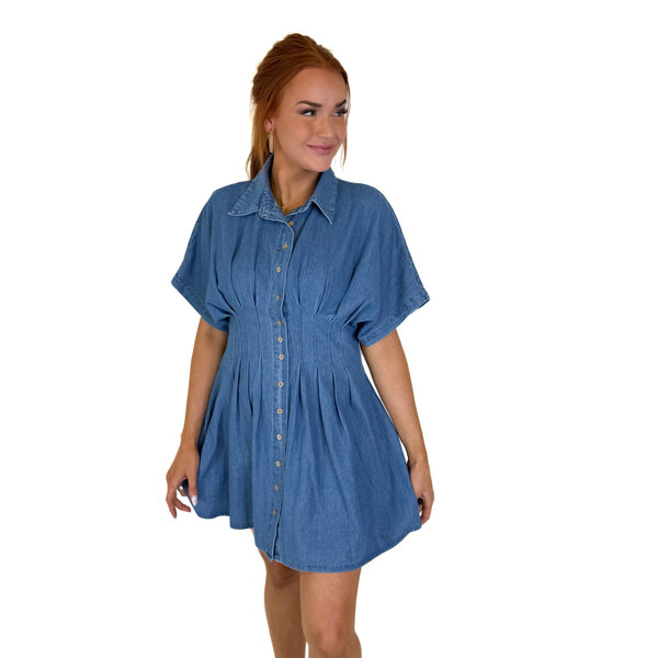  DENIM BUTTON FRONT PINTUCK DENIM DRESS