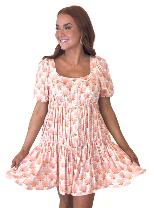 Pink & Orange Fan Tiered Dress