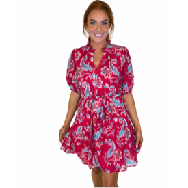  RED WHISPER PUFF SLV TIERED DRESS
