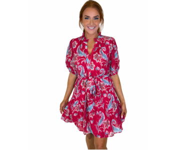 RED WHISPER PUFF SLV TIERED DRESS