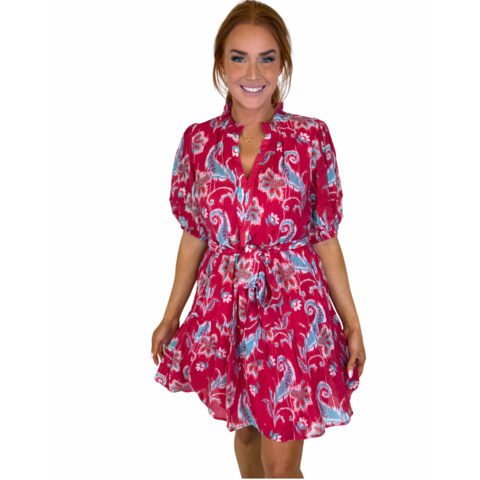 RED WHISPER PUFF SLV TIERED DRESS