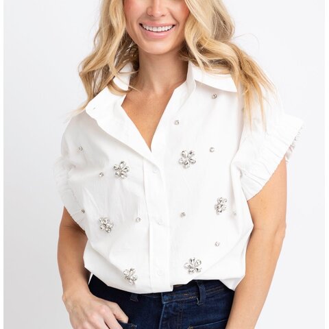 SOLID POPLIN WHITE JEWELED TOP