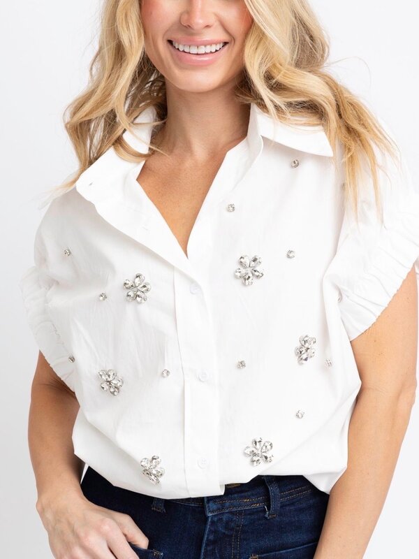 SOLID POPLIN WHITE JEWELED TOP