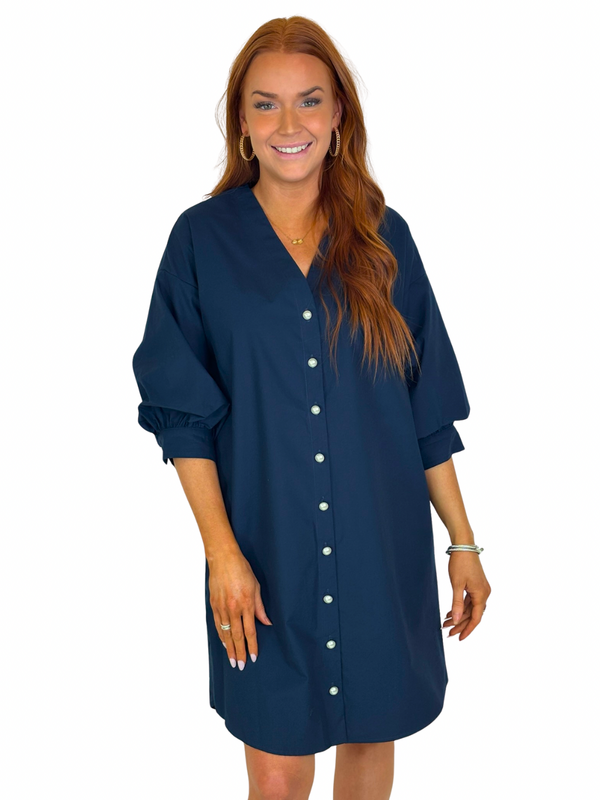 NAVY PEARL BUTTON DRESS