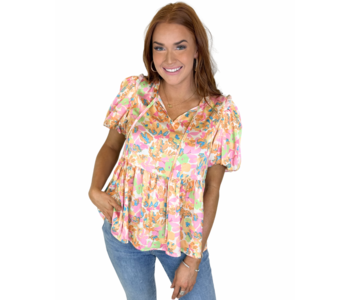 FLORAL VNECK SHORT SLV BLOUSE