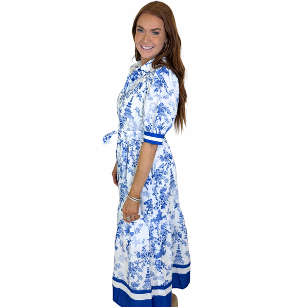  ORIENTAL BLOOM TIRED MIDI SHIRT DRESS