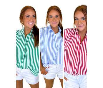 STRIPE POPLIN VNECK COLLAR TOP