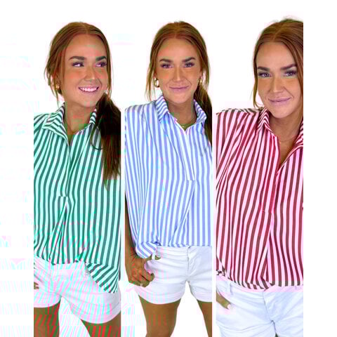 STRIPE POPLIN VNECK COLLAR TOP