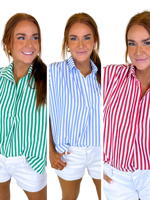STRIPE POPLIN VNECK COLLAR TOP