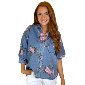  FLORAL PRINT DENIM BUTTON UP SHIRT