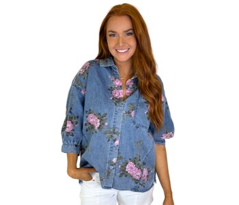 FLORAL PRINT DENIM BUTTON UP SHIRT
