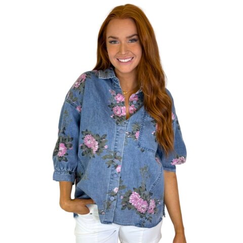 FLORAL PRINT DENIM BUTTON UP SHIRT