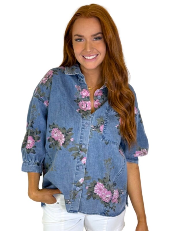 FLORAL PRINT DENIM BUTTON UP SHIRT