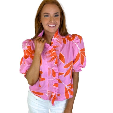 PALM LEAF FLORAL RUFFLE TOP