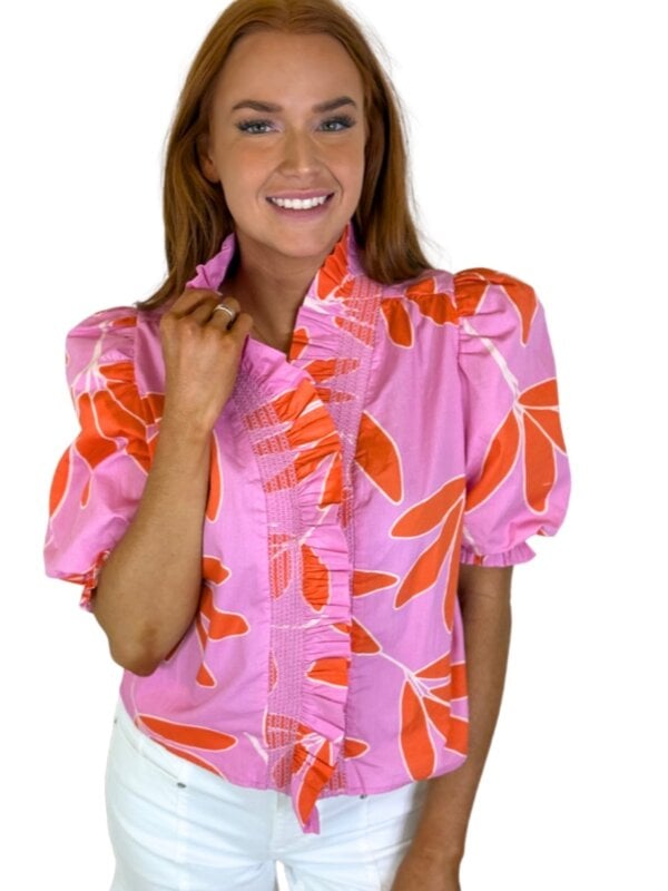 PALM LEAF FLORAL RUFFLE TOP