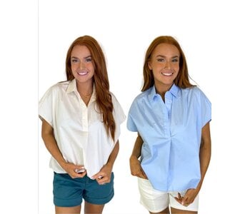 SOLID POPLIN VNECK COLLAR TOP