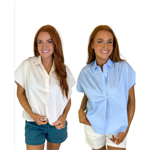  SOLID POPLIN VNECK COLLAR TOP