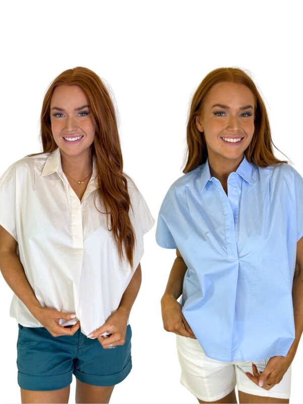 SOLID POPLIN VNECK COLLAR TOP