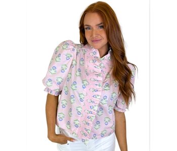 PINK FRENCH FLORAL RUFFLE PUFF SLV TOP